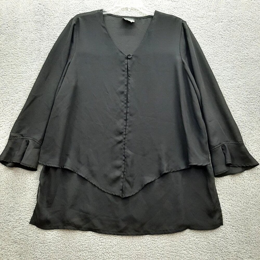 Rebecca Jones Womens Black V-Neck Button  Front Tunic Top 2X Flared Sleeves